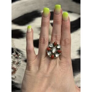 Native American Sterling Silver Red Coral Mother Of Pearl Cluster Flower Ring